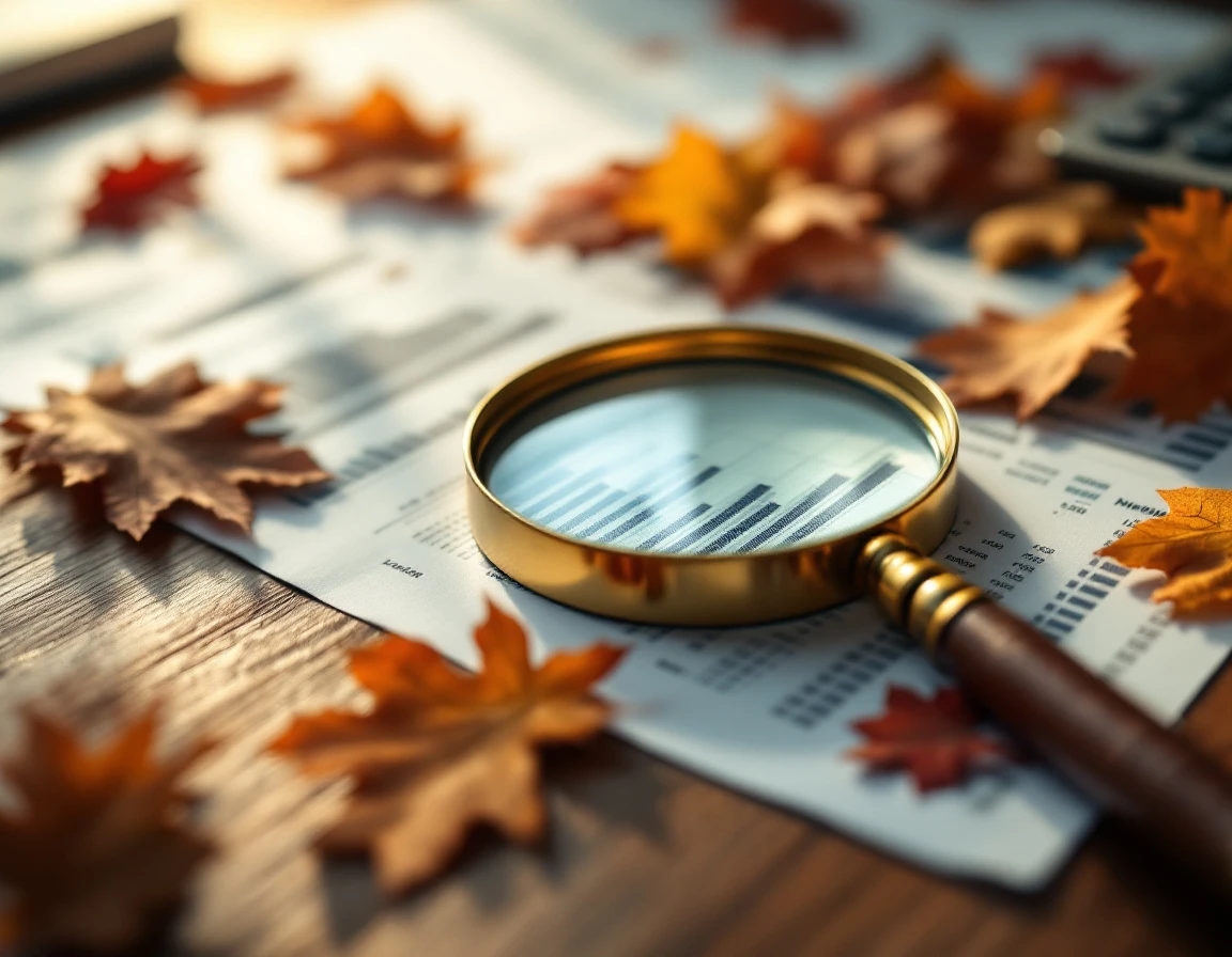 Magnifying glass examining blurred financial documents with autumn leaves on wooden desk surface