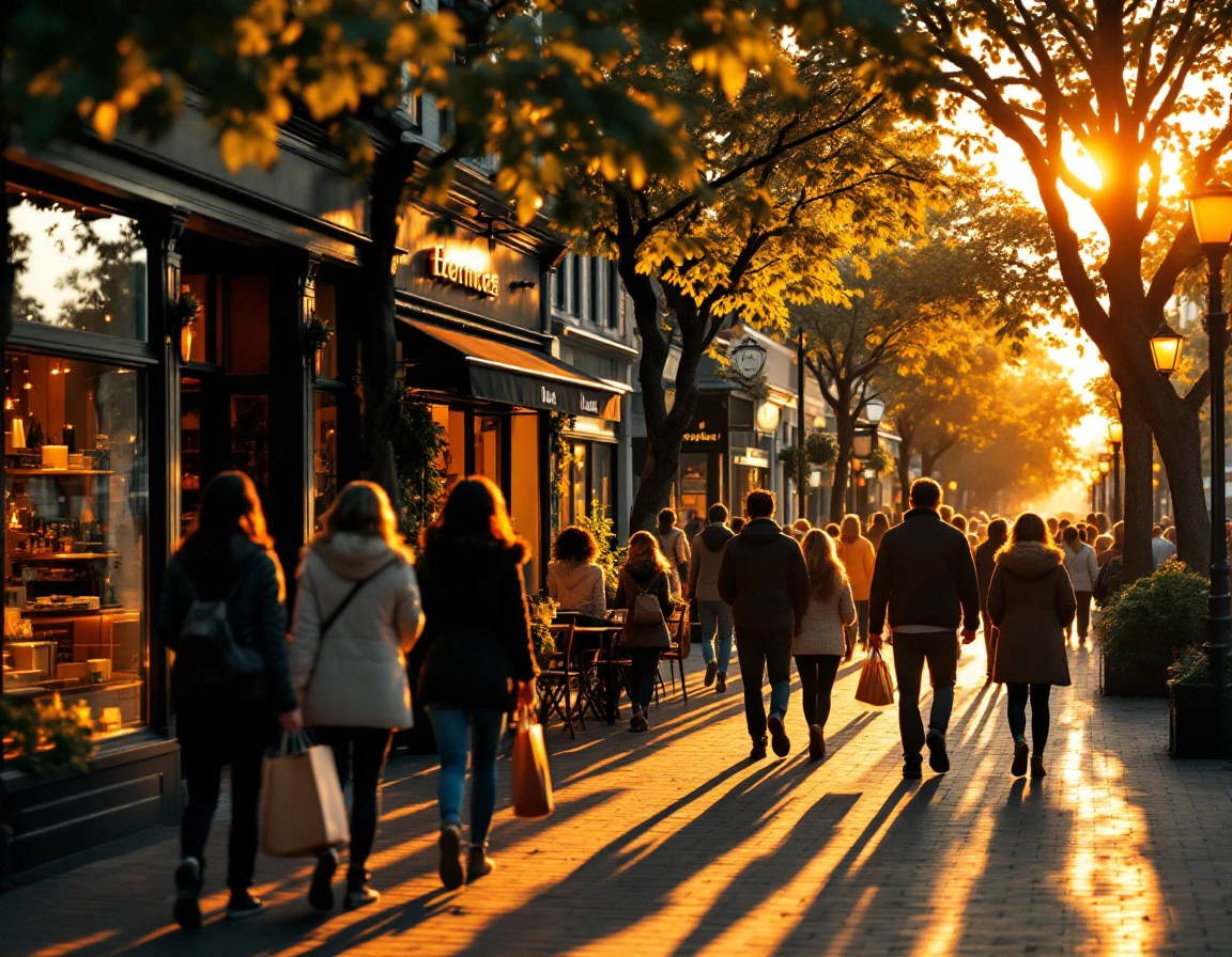 Busy pedestrian shopping street at golden hour with crowds of weekend shoppers browsing storefronts