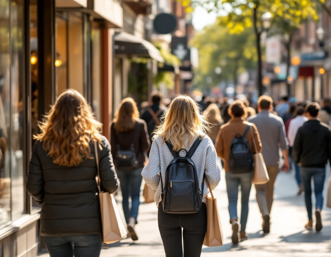 Busy shopping district with pedestrians during peak weekend foot traffic hours
