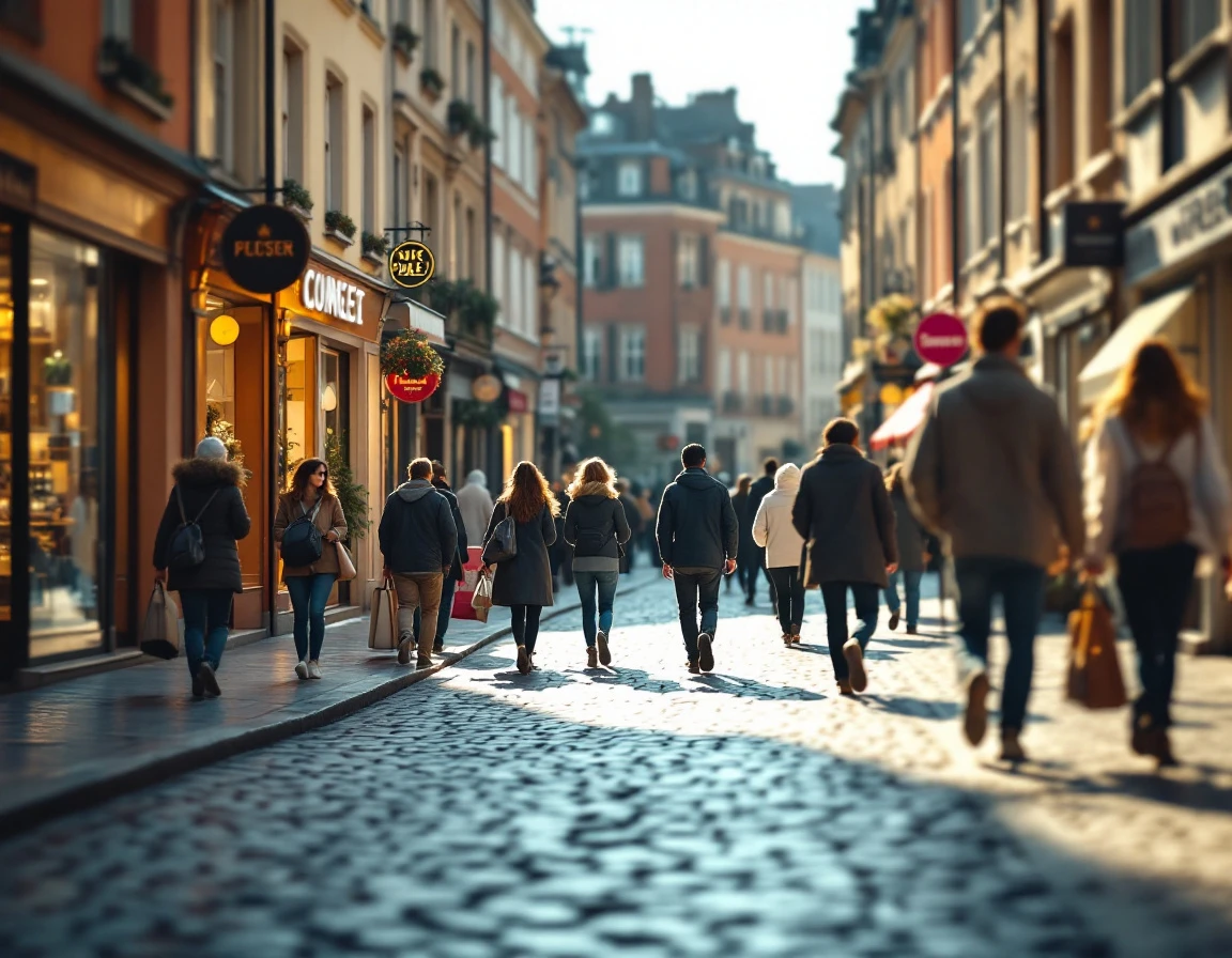 European shopping street with varying pedestrian density showing natural weekday traffic patterns
