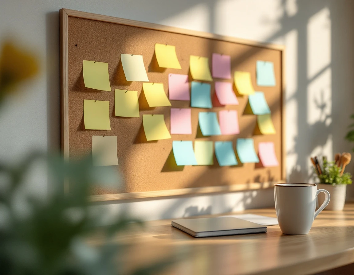 Retail manager's cork board with sticky notes in warm office lighting showing analog scheduling workflow