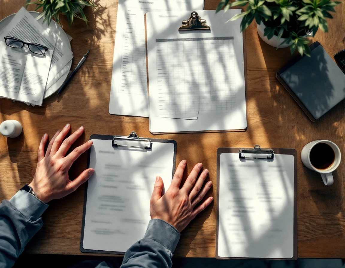 Retail manager's desk with scheduling documents and labor planning materials in soft focus