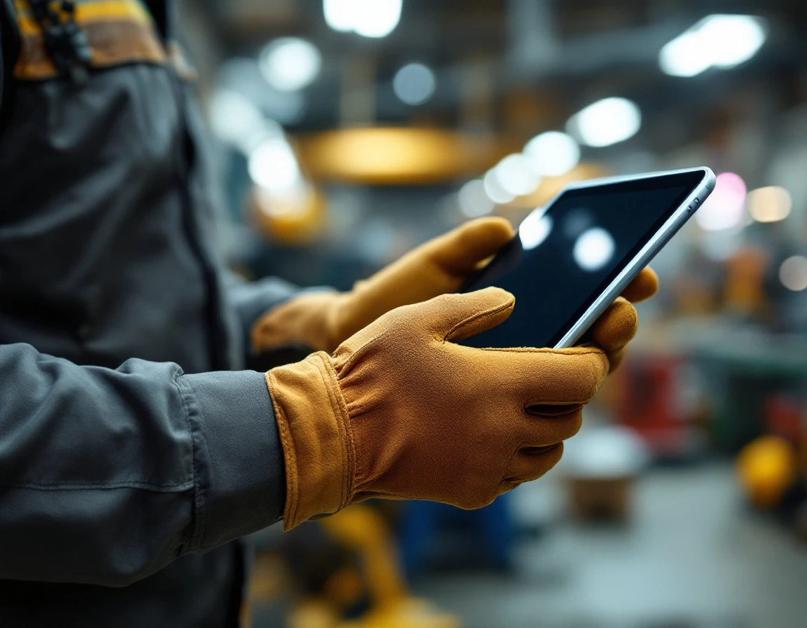 Construction worker holding tablet in workshop with realistic work glove texture and natural lighting