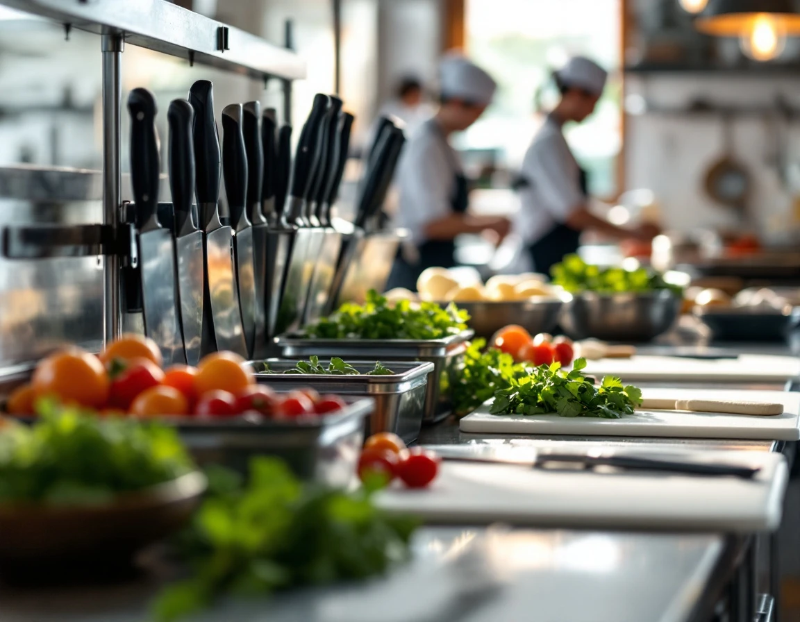 Professional restaurant kitchen prep station with organized ingredients and equipment during off-peak hours