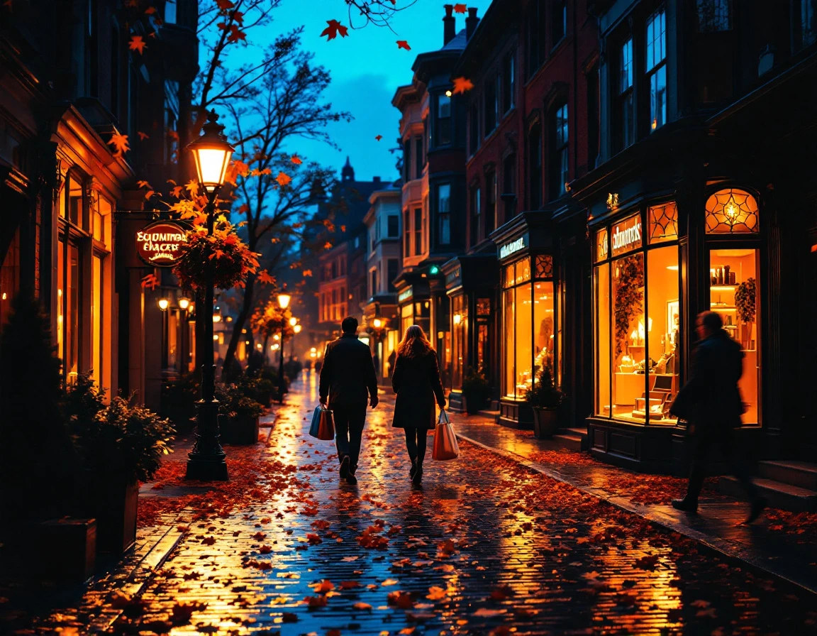 Upscale autumn shopping street at dusk with wet pavement reflecting golden storefront lighting and pedestrians