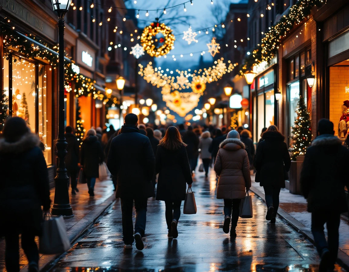 Busy holiday shopping district with crowds of shoppers moving through decorated retail streets at evening