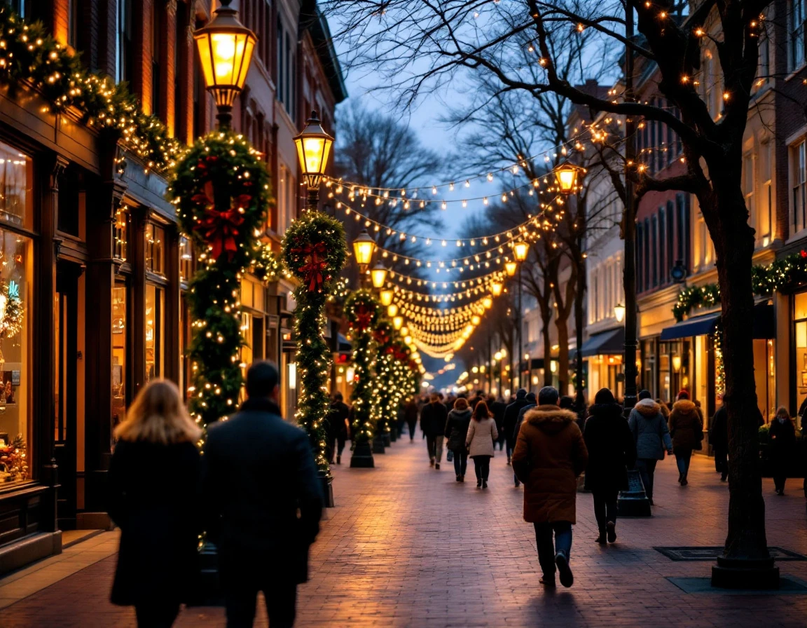 Downtown shopping district decorated with holiday garland and wreaths during evening peak retail season
