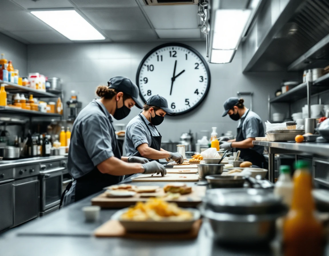 Fast-food kitchen staff coordinating during shift work with wall clock showing time management challenges