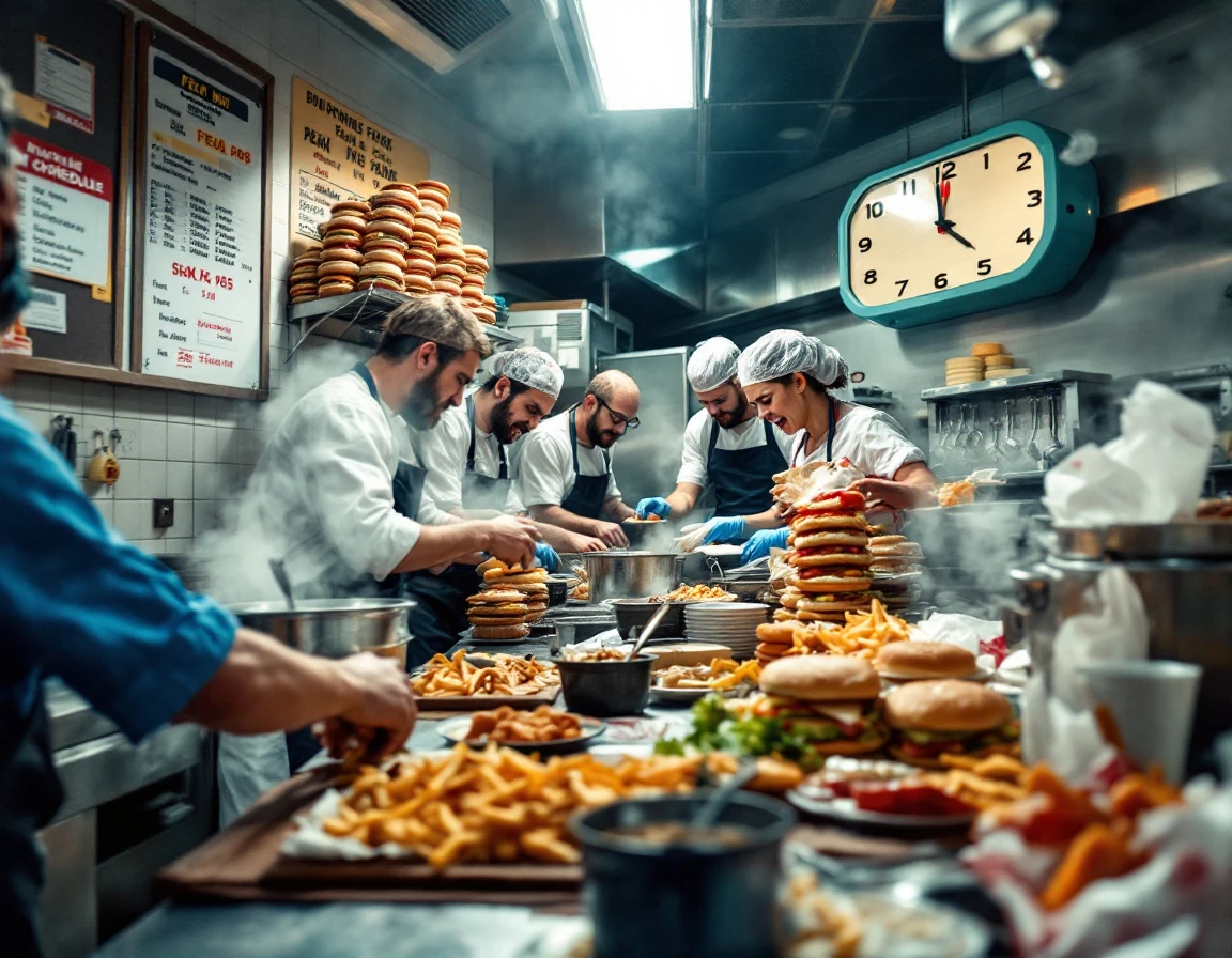 Busy fast-food kitchen during rush hour showing understaffed workstations and overwhelming order volume