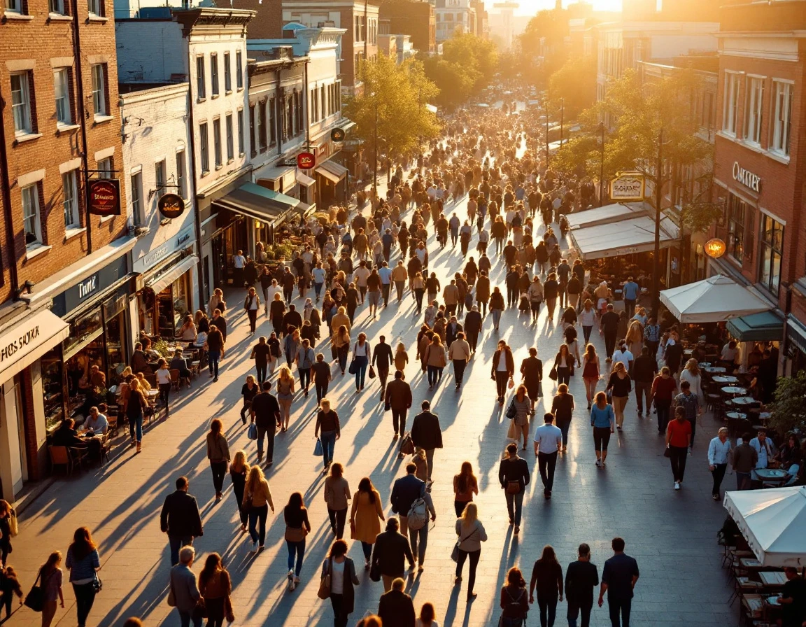 Aerial view of busy Saturday shopping district showing concentrated foot traffic versus quieter side streets