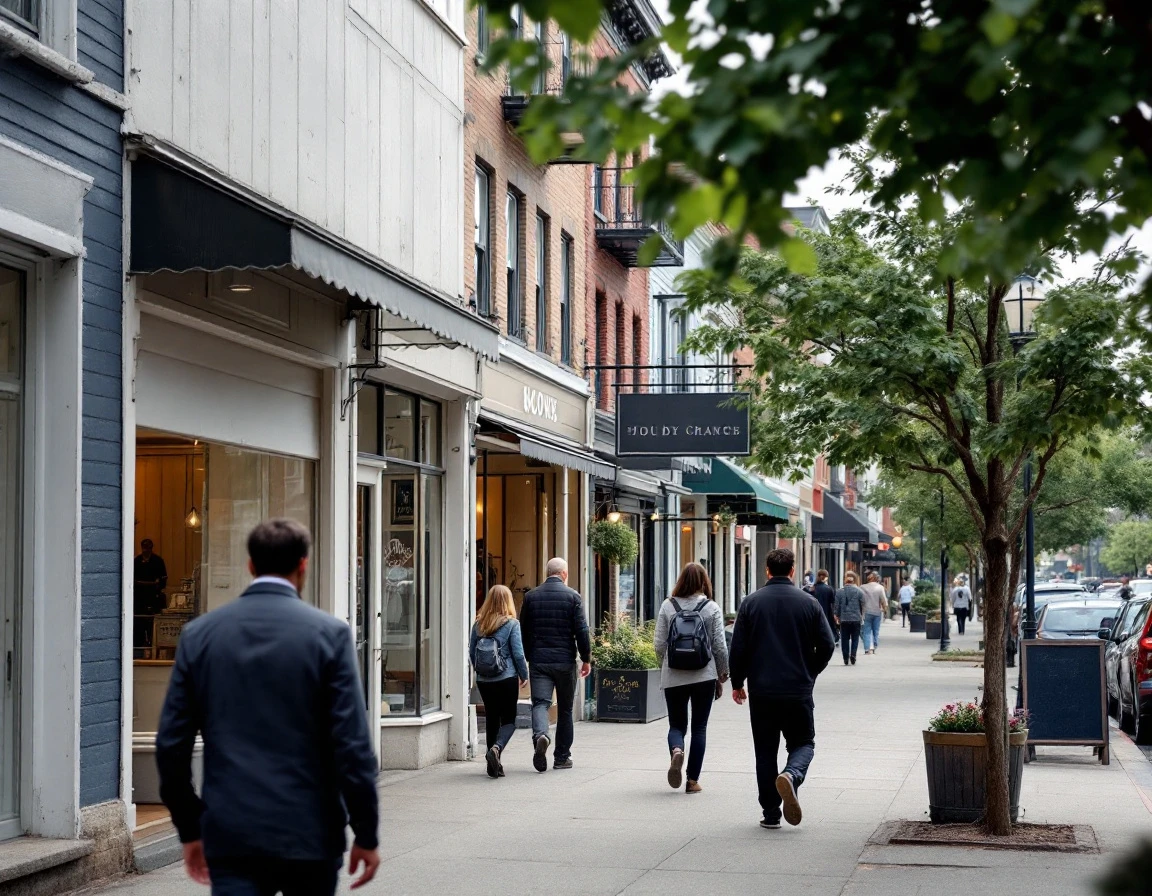Quiet urban shopping street on weekday afternoon showing low pedestrian traffic patterns