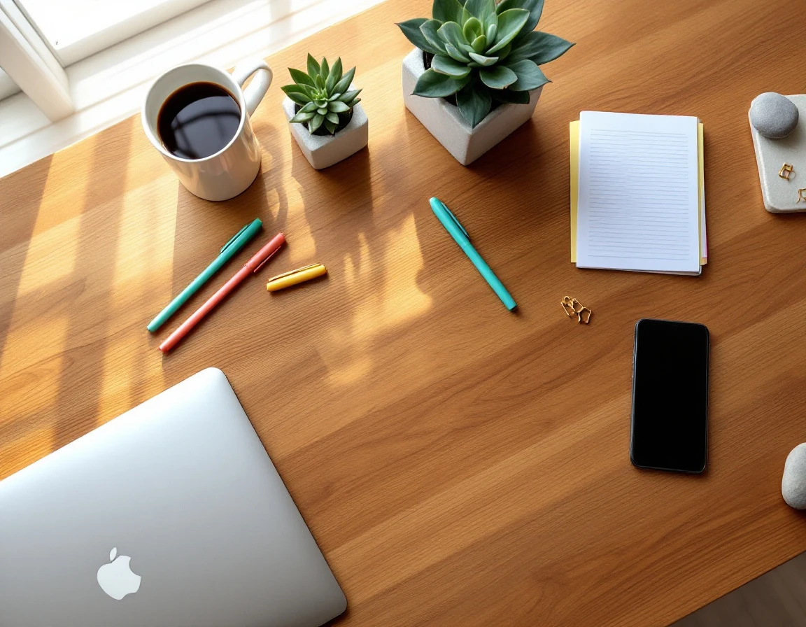 Overhead view of organized retail manager workspace with laptop, coffee, and planning materials on wooden desk