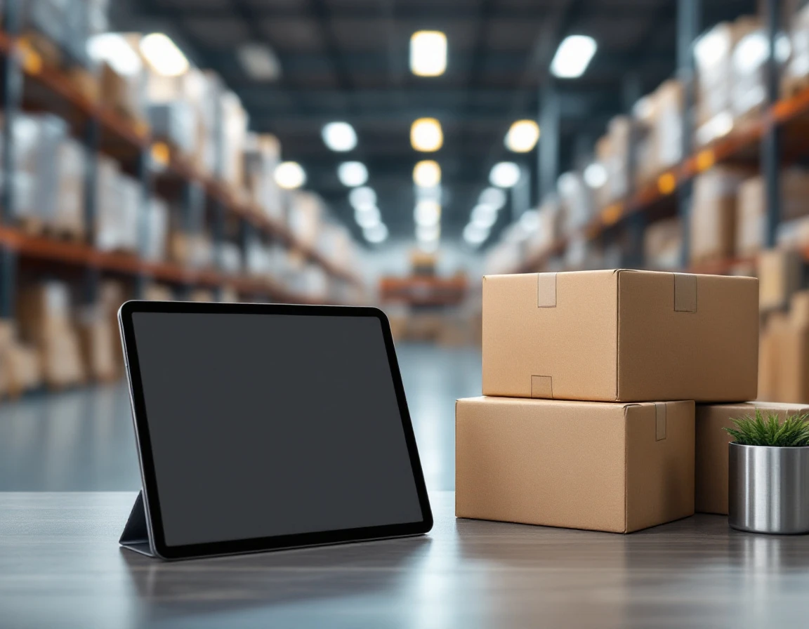 Warehouse manager workspace with tablet, coffee mug, and shipping materials on metal desk in modern distribution center
