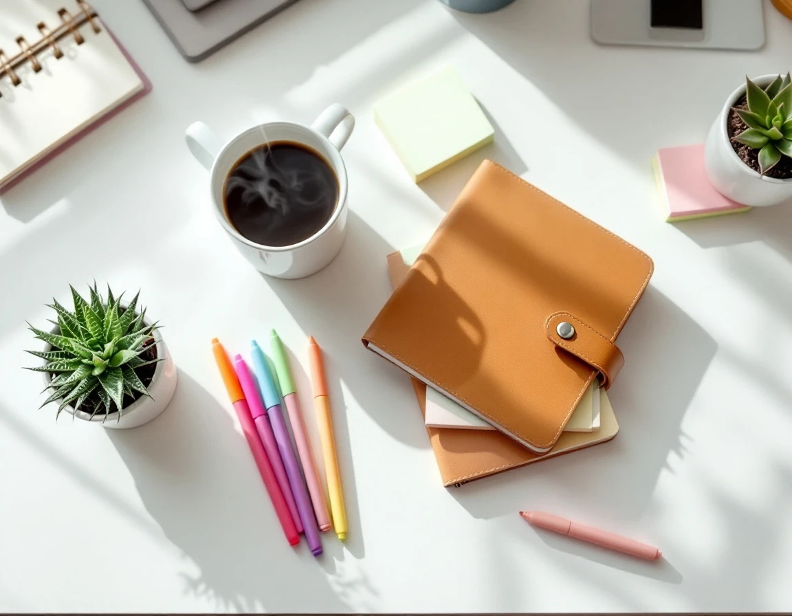 Closed planner on desk with coffee, pens, and sticky notes in natural light