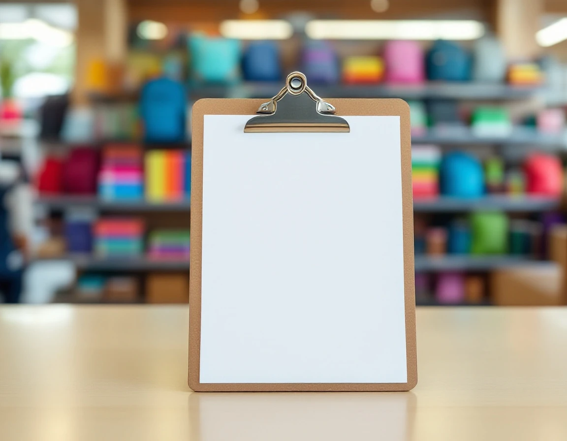 Blank clipboard on retail counter with school supplies on shelves during back-to-school season