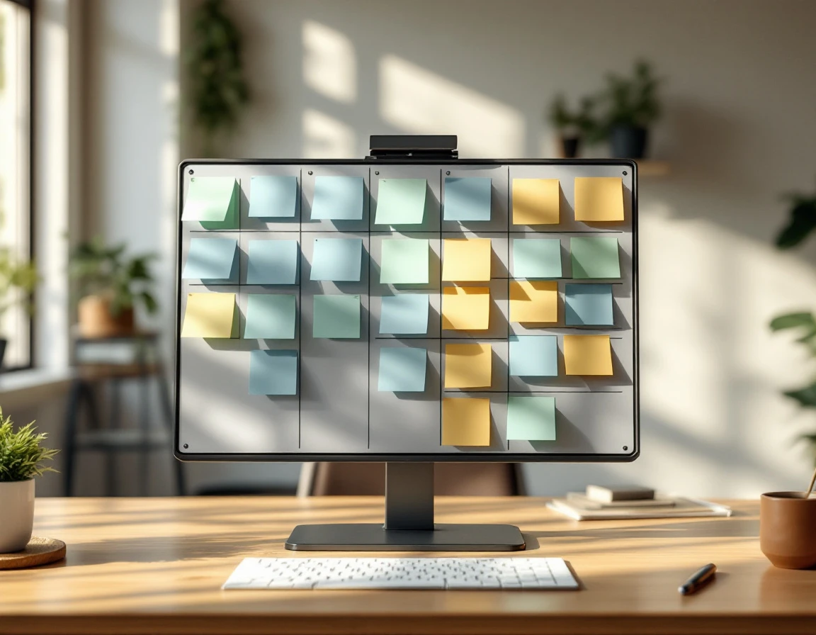 Planning board with color-coded blank notes arranged in columns for workforce scheduling organization
