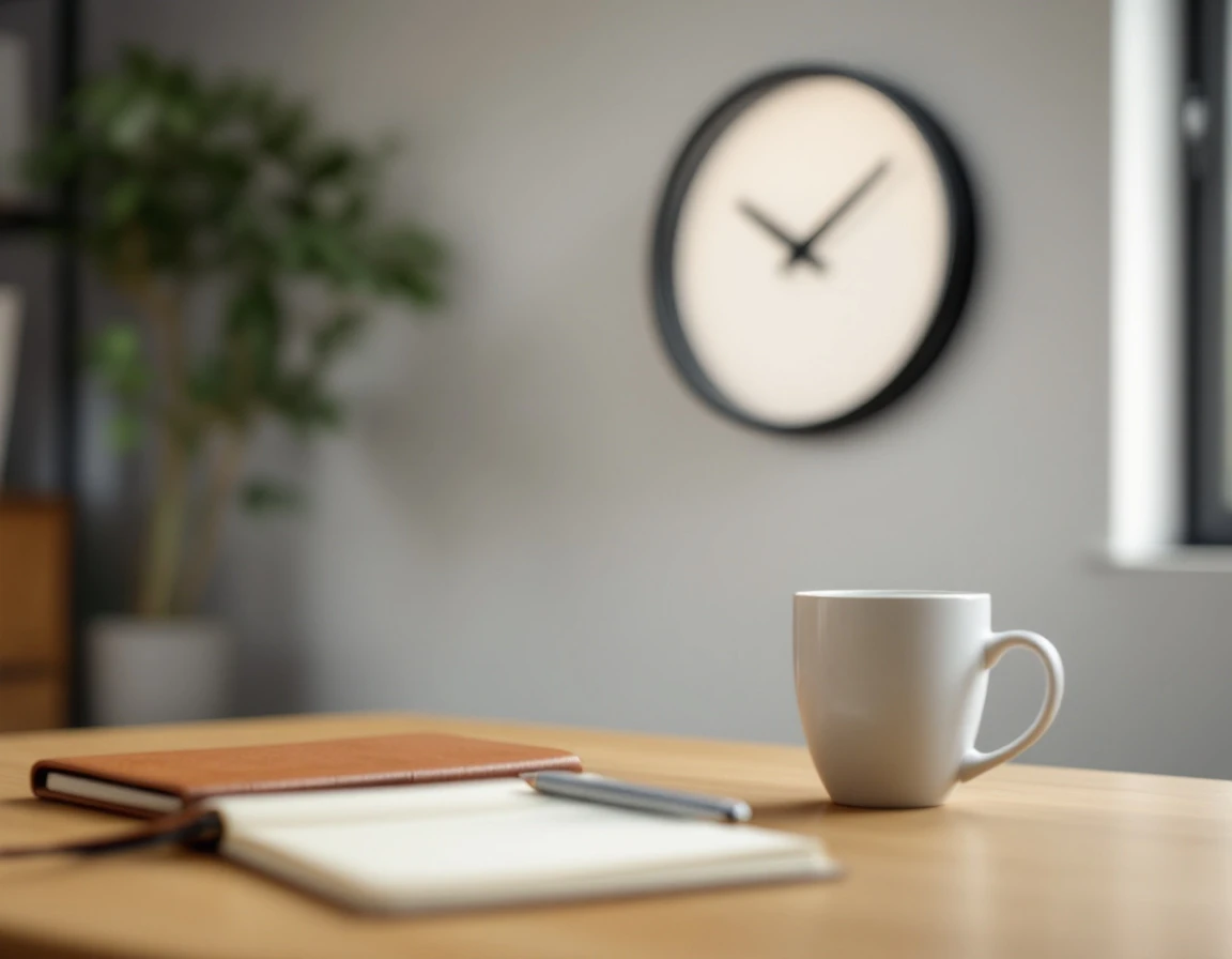 Analog clock and blank notebook on desk representing time management and scheduling planning