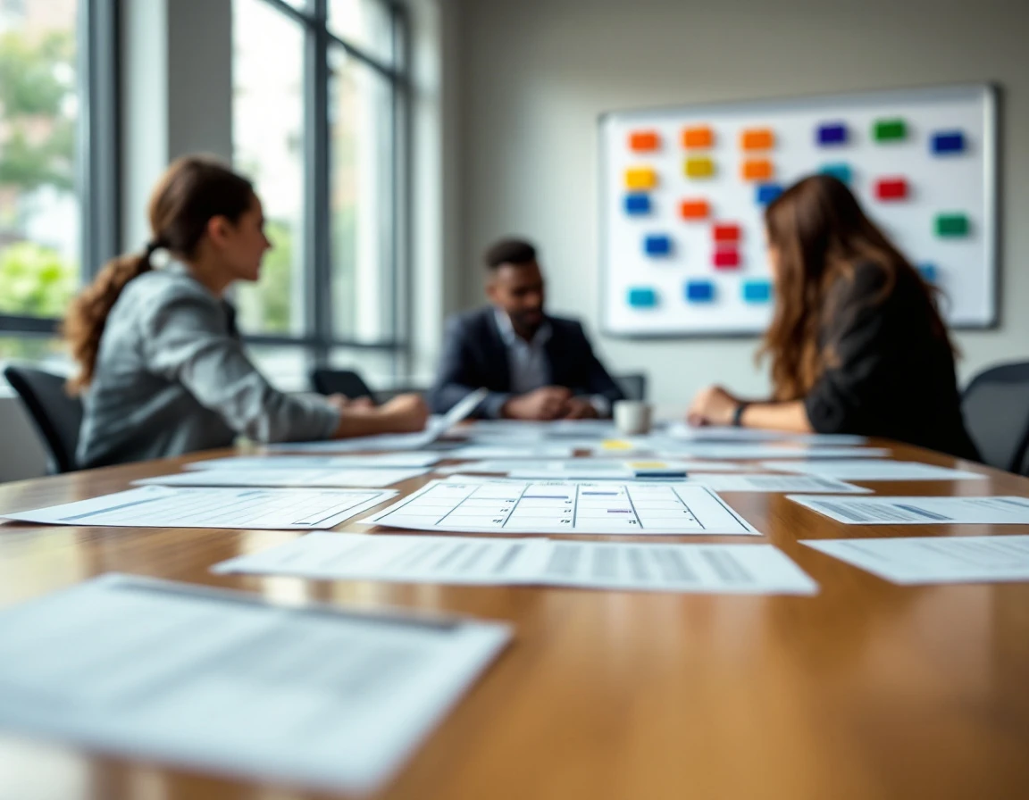 Conference table with blurred shift scheduling calendars and team members planning workforce coverage