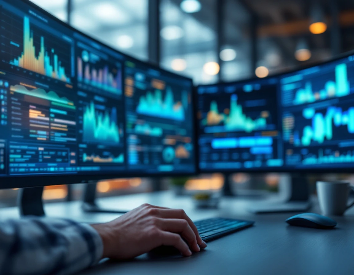 Professional analyzing workforce data on blurred multi-monitor setup in retail operations office