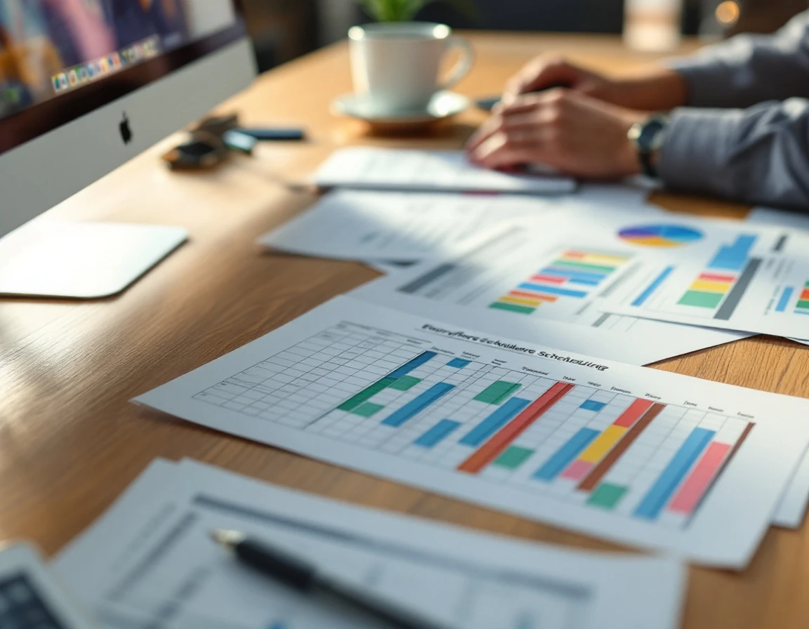Workforce scheduling calendars and shift planning documents arranged on an office desk with natural lighting