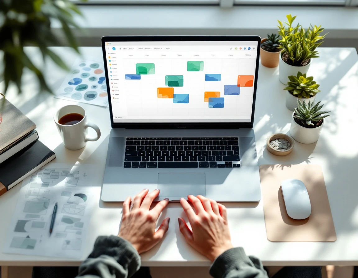Modern workspace showing laptop with abstract color-coded scheduling visualization and coffee mug on desk