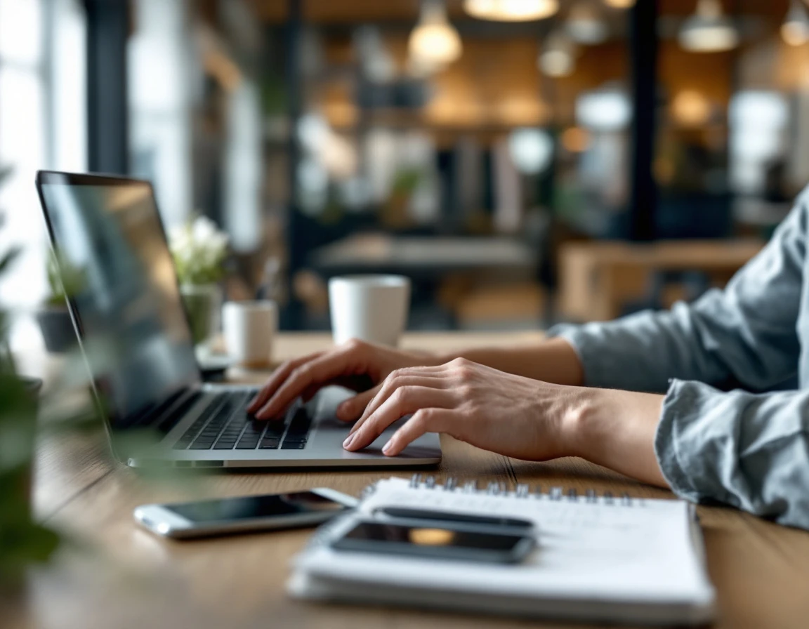 Retail manager working at desk with laptop and notepad in modern back office workspace