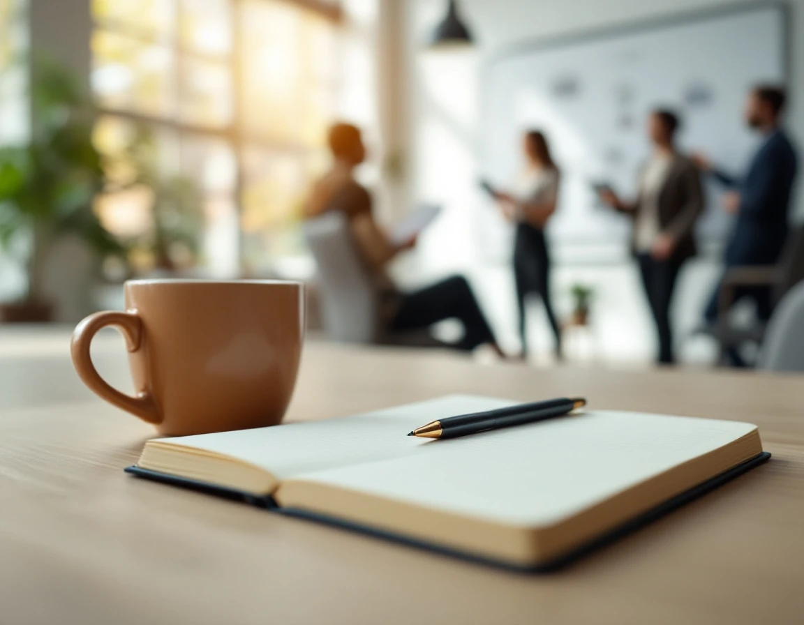 Blank notebook and coffee on office desk with blurred team collaboration in background