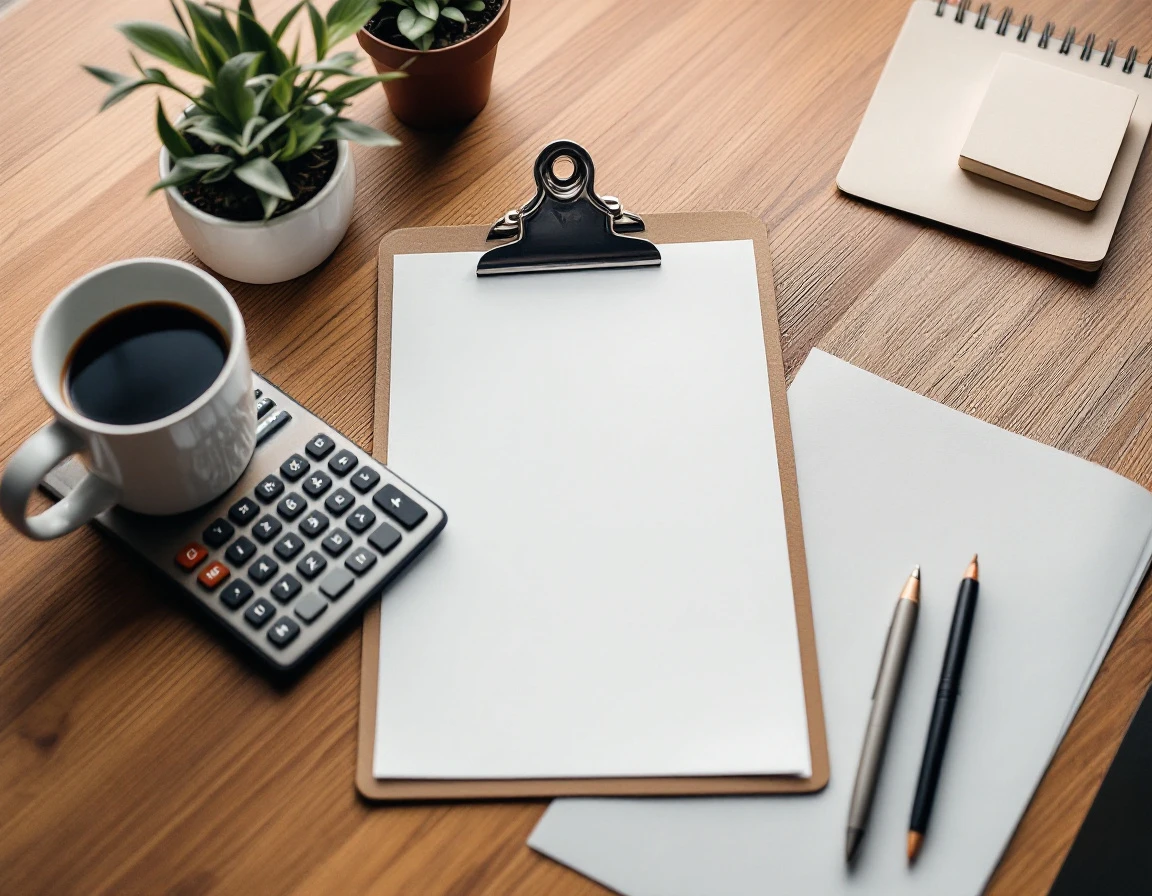 Overhead view of budget planning workspace with calculator, blank papers, and coffee on wooden desk
