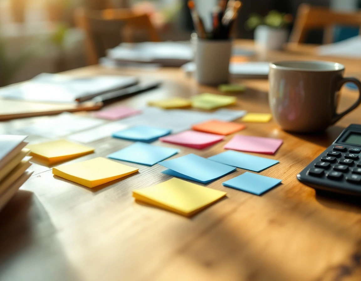Escritorio con materiales de planificación organizados: calculadora, café y notas adhesivas de colores
