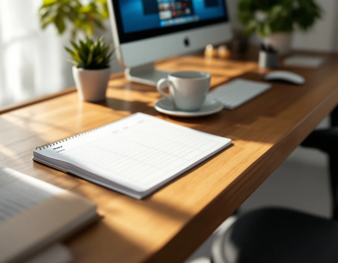 Escritorio de trabajo con planificador semanal en blanco y elementos de oficina organizados