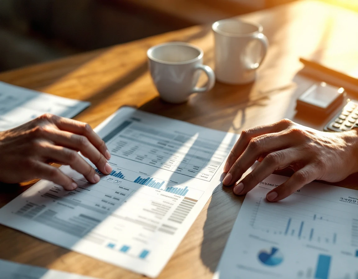 Hands reviewing blurred financial documents with coffee and calculator on wooden desk in natural light