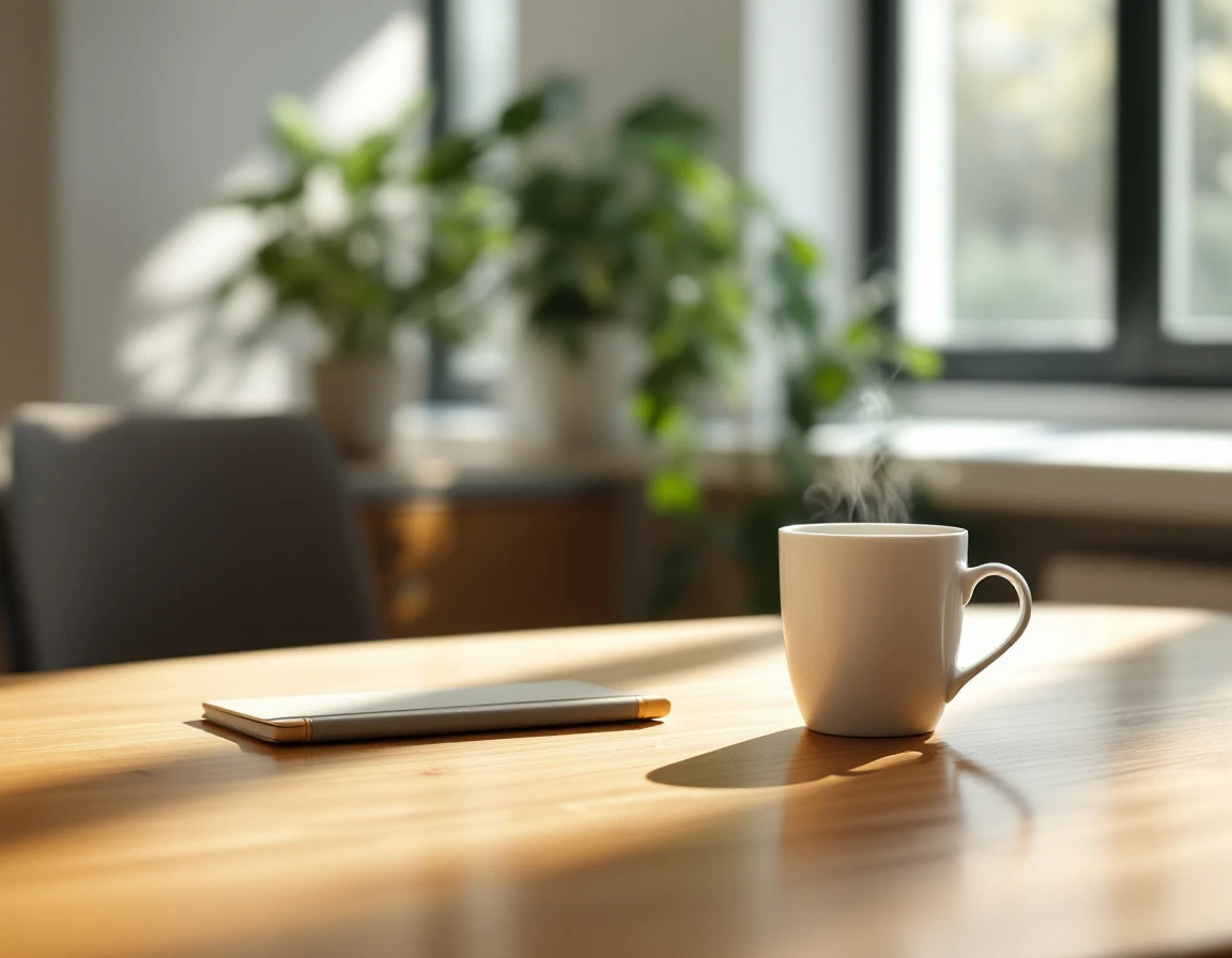 Wooden desk with coffee cup in natural morning light, organized workspace for labor planning