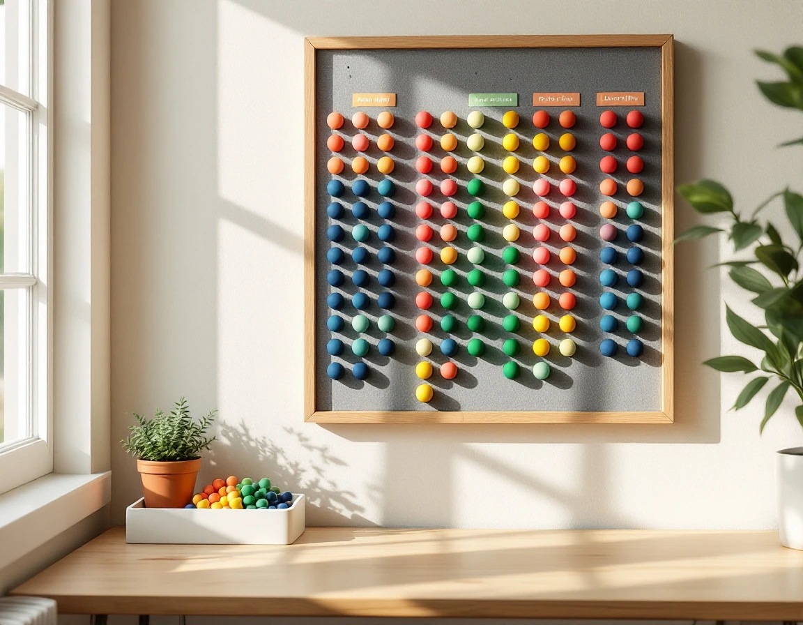 Physical pegboard scheduling organizer with colored pegs arranged in rows showing availability patterns