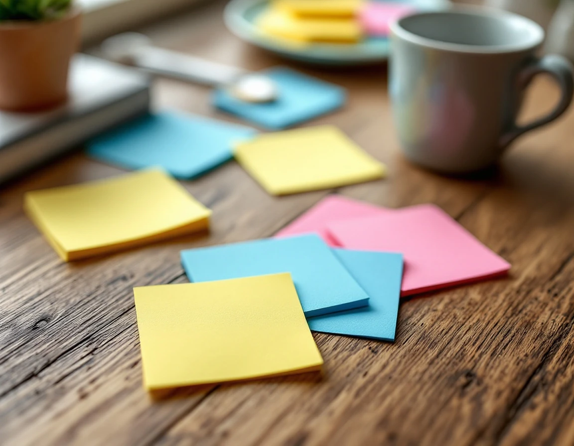 Colorful sticky notes clustered on wooden desk surface with shallow depth of field and natural lighting
