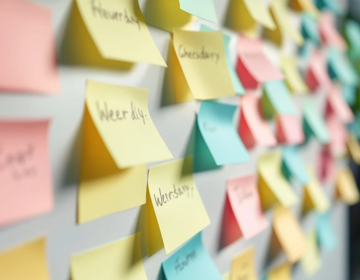 Physical sticky notes arranged on office whiteboard showing manual scheduling coordination methods