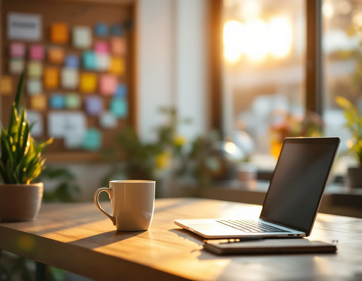 Retail manager's desk with coffee and notebook, cork board with abstract scheduling blocks in background