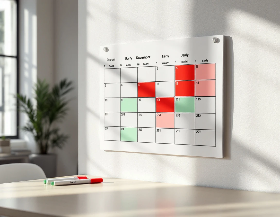 Office calendar with red and green blocks marking holiday blackout dates and available time-off periods