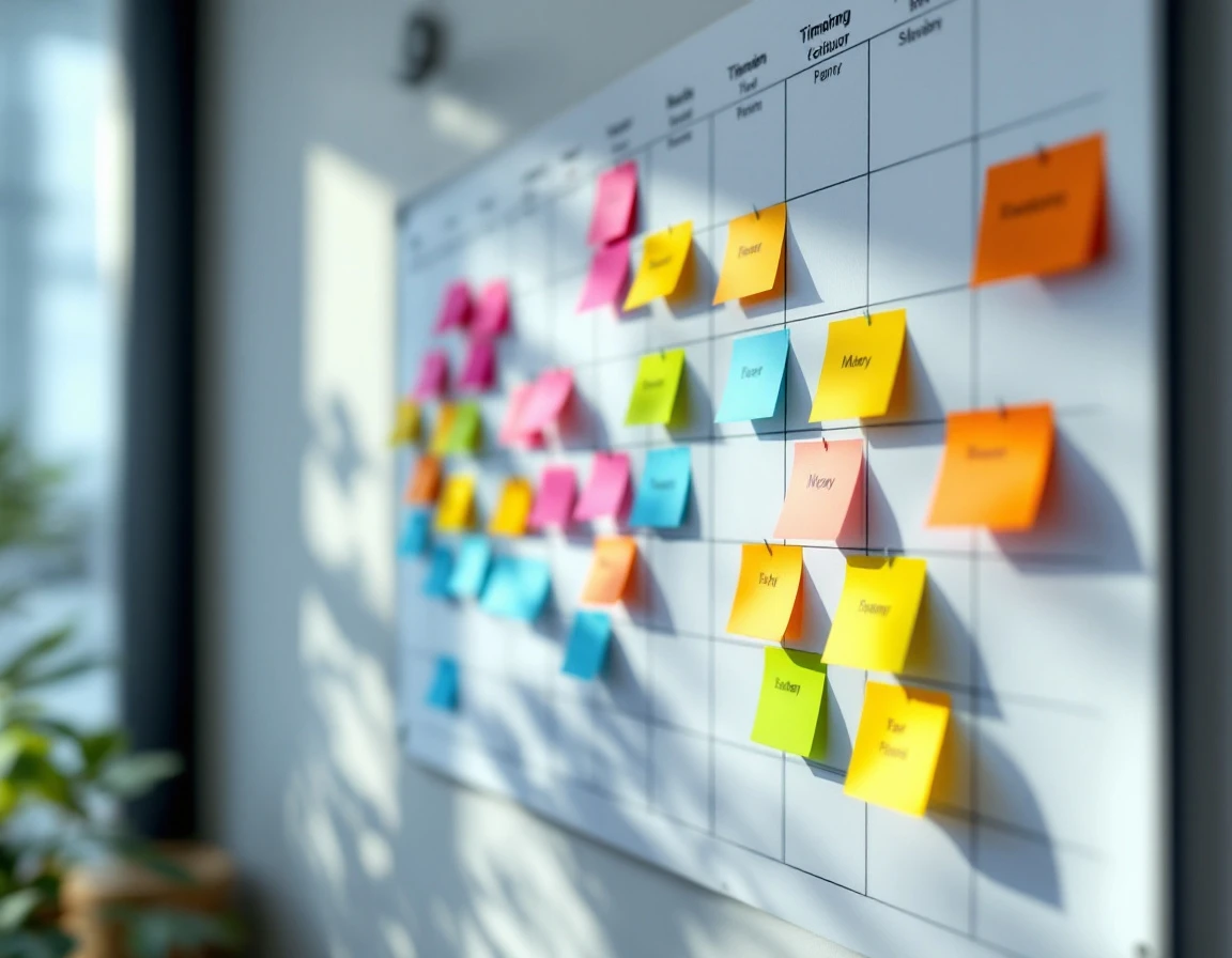 Workspace planning board with colorful sticky notes arranged across calendar grid for rotational scheduling