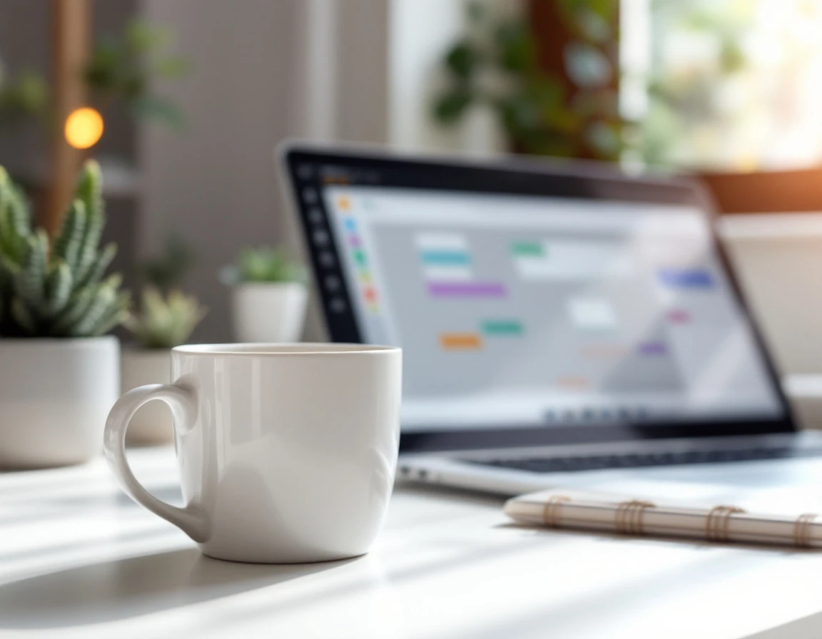 Office workspace with laptop showing blurred scheduling interface and coffee mug on desk
