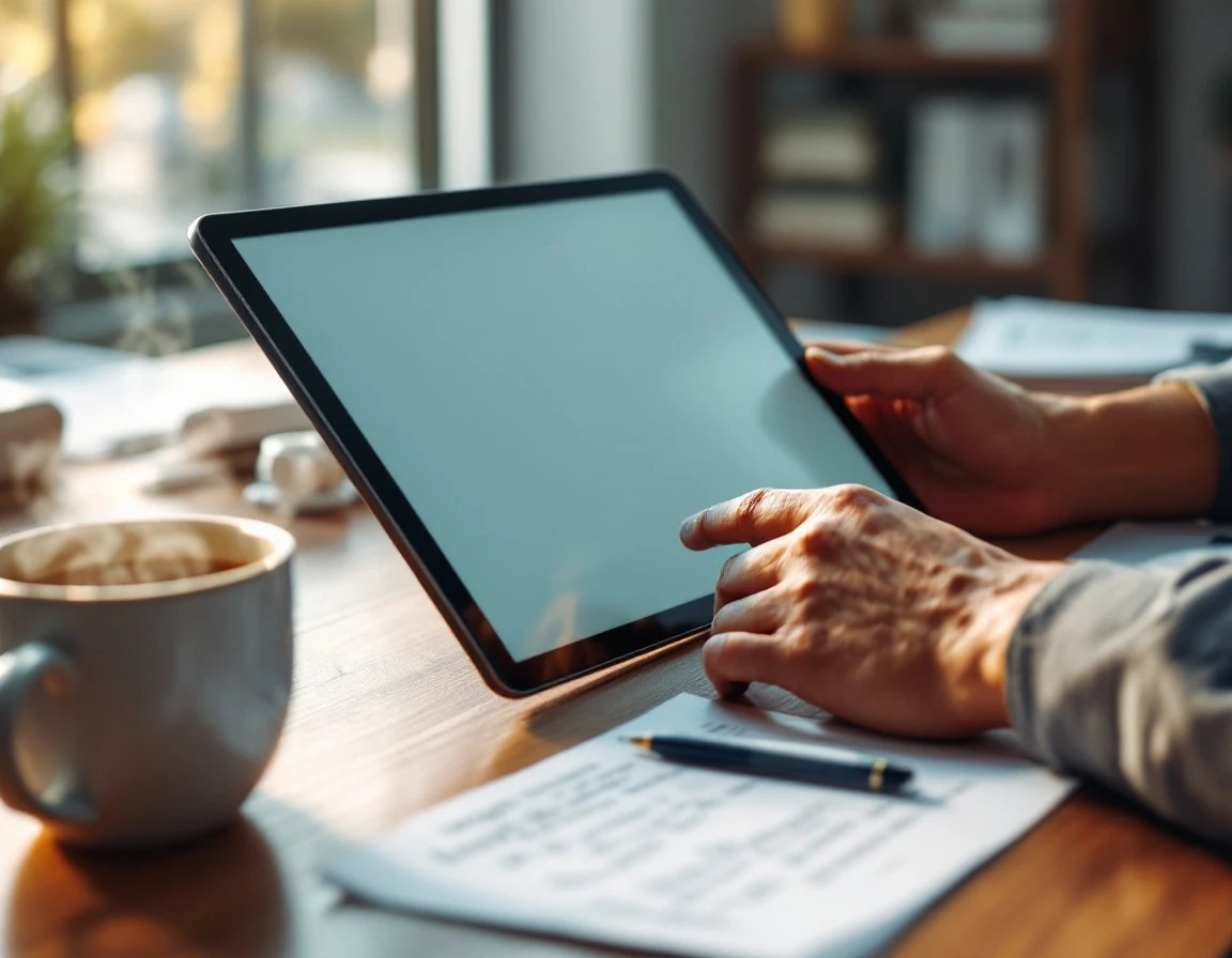 Professional hands holding tablet over desk with coffee and papers during workforce planning session