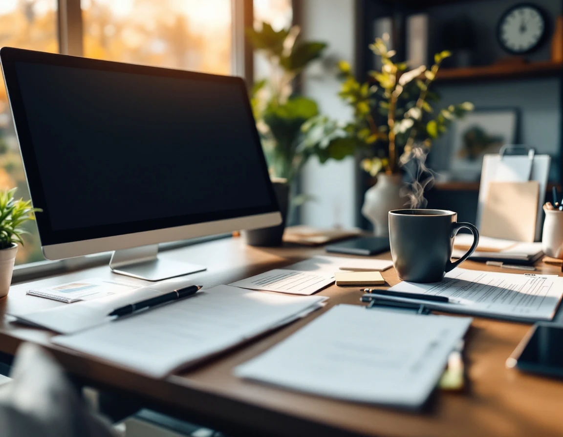 Desk workspace with scheduling materials, blank papers, and coffee cup in soft natural lighting