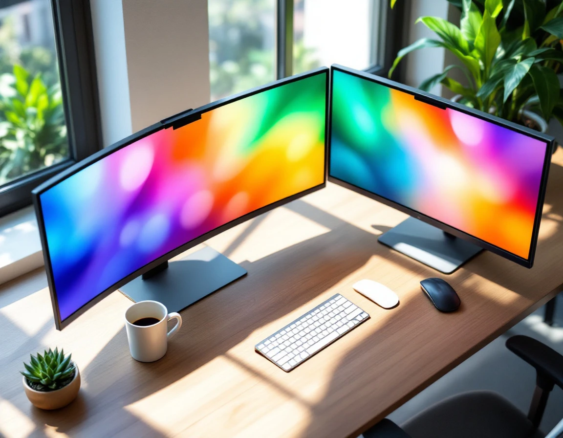 Modern office workspace with monitors displaying abstract color gradients for workforce scheduling analysis