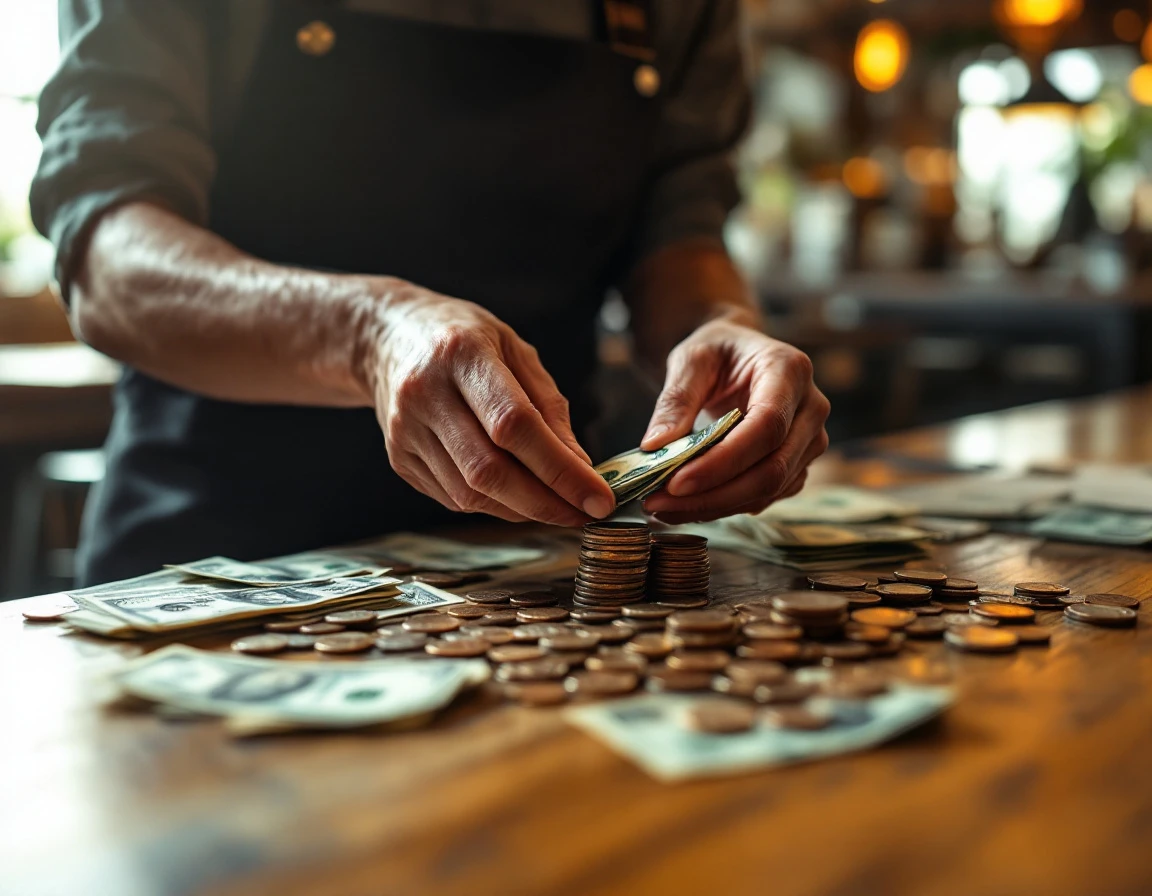 Cash tips spread on restaurant counter with coins and bills in organized stacks