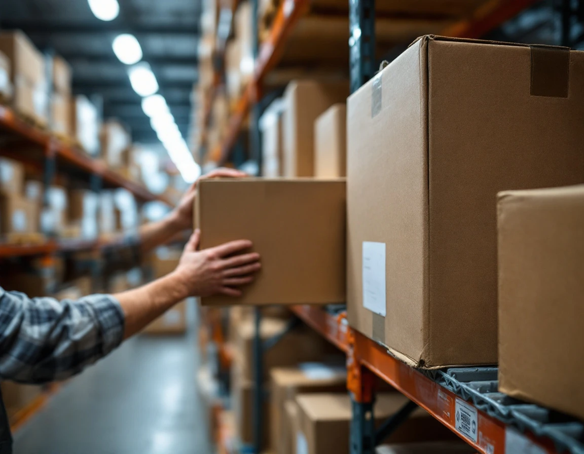 Warehouse worker organizing inventory boxes on metal shelving in retail fulfillment center