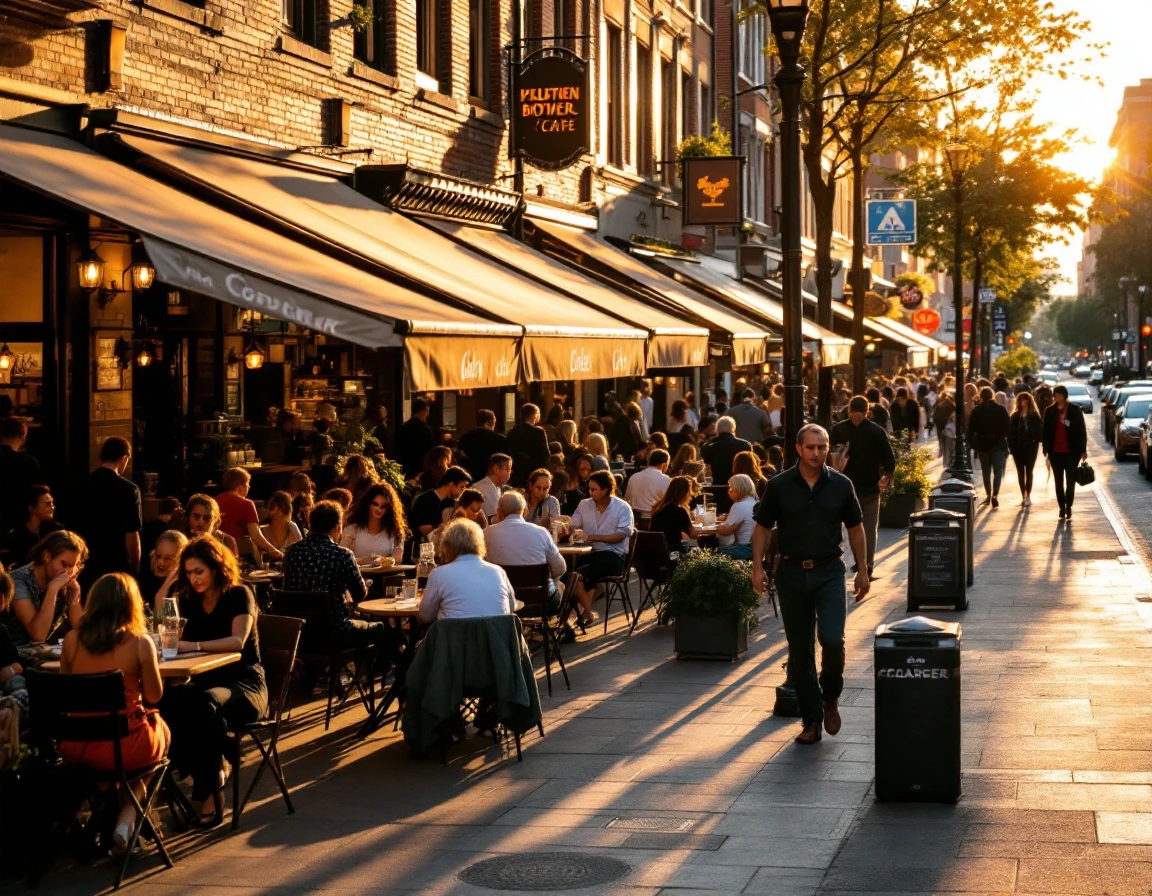 Busy urban cafe during peak hours with servers and patrons distributed across outdoor seating areas