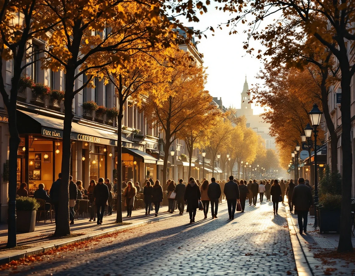 Autumn evening street scene showing varied pedestrian density from busy to quiet areas along European boulevard