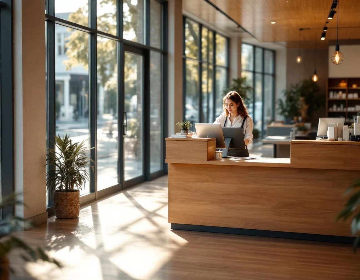 Empty retail service desk with natural window lighting during afternoon hours