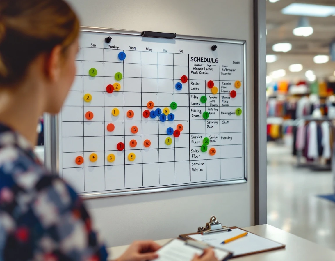 Retail scheduling board showing station assignments with visible coverage gaps during peak hours