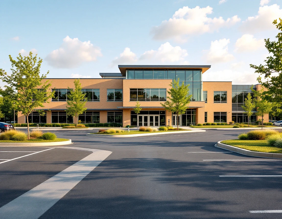 Modern educational campus building with parking lot on a quiet summer morning before fall semester begins