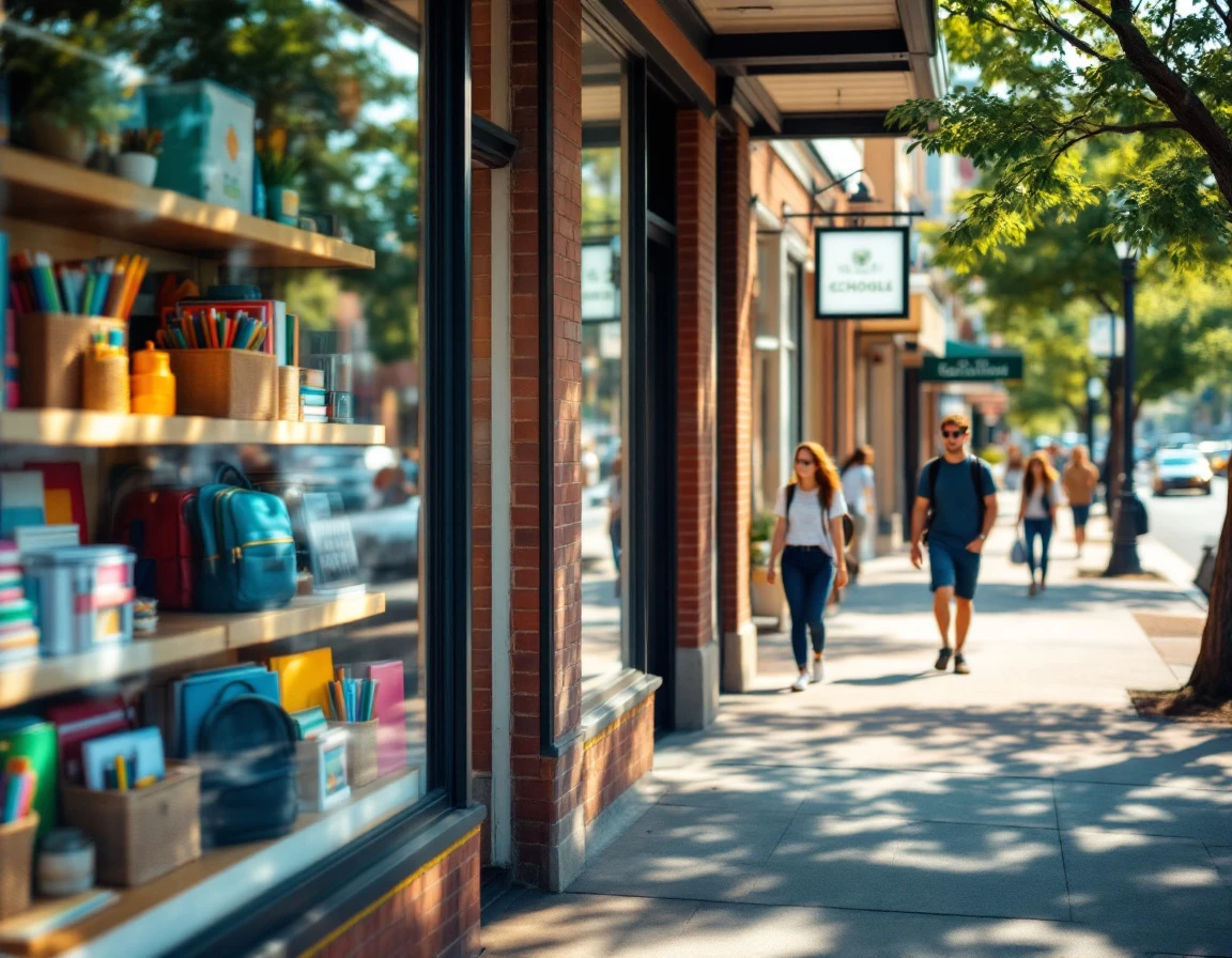 Storefront window display featuring school supplies on wooden shelves with street scene visible beyond